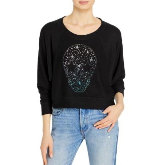 Chaser Skull Graphic Black Cropped Drop Shoulder Batwing Sleeve Sweatshirt, M - Picture 1 of 6